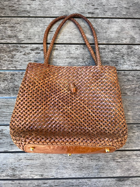 Eric Javits Handbag, Brown Weaved Leather - image 6