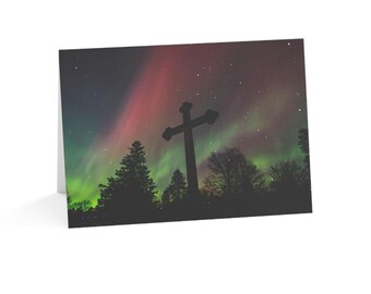 Conjunto de artigos de papelaria natalina com fotografia da Aurora Boreal, pacotes com 10, 30 ou 50 unidades.