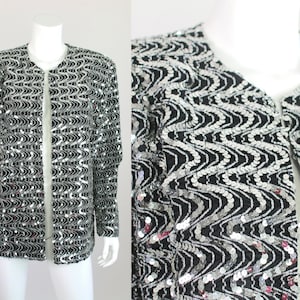 Vintage Sequin Jacket Blazer Black Silver Oversized Large Formal image 1