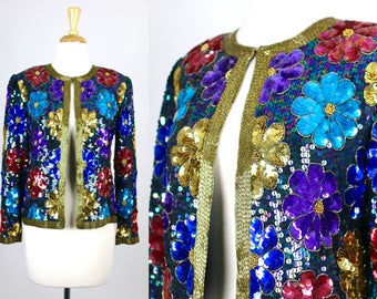 Vintage Sequin Jacket Floral Blue Colorful Retro