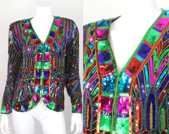 Vintage Sequin Jacket Colorful Rina Z Rainbow Small Beaded Embellished Mirrored Jeweled Blazer Coat