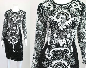 Vintage Sequin Dress Black White Long Sleeve Beaded Short Party Formal Small