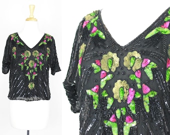 Blusa Vintage Lantejoulas Top Floral Médio
