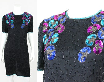 Vintage Sequin Dress Black Blue Purple Size Medium