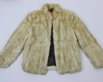 Vintage Rabbit Fur Jacket Full Zip Cream Tan Size Large Coat