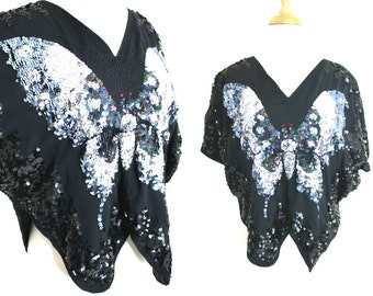 Sequin Top Butterfly Black Silver Vintage Batwing