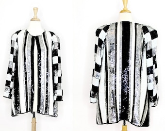 80's Vintage Sequin Jacket / Silver Black White Laurence Kazar
