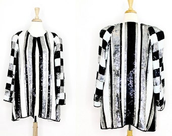 80's Vintage Sequin Jacket / Silver Black White Laurence Kazar