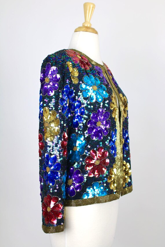 Vintage Sequin Jacket Floral Blue Colorful Retro - image 4