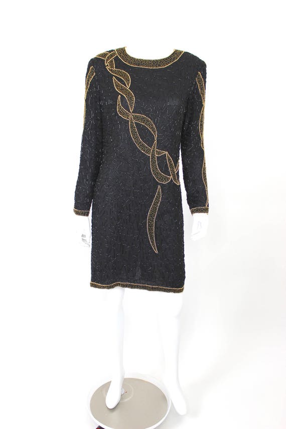 Vintage Sequin Dress Black Gold Long Sleeve Size … - image 3