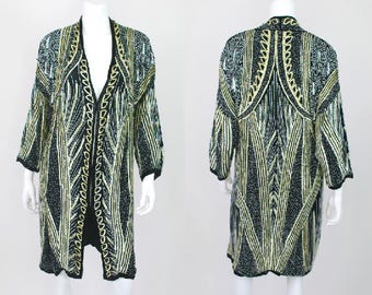 Heavy Beaded Jacket Vintage Sequin Tassel Long Heavy Kaftan Kimono Robe Tribal Gold Black Silk