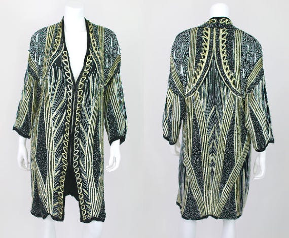 Heavy Beaded Jacket Vintage Sequin Tassel Long He… - image 1