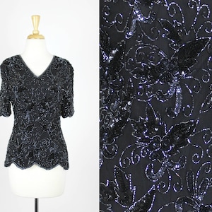 Vintage Sequin Blouse Black Shiny Top Size Small Shirt Beaded Silk