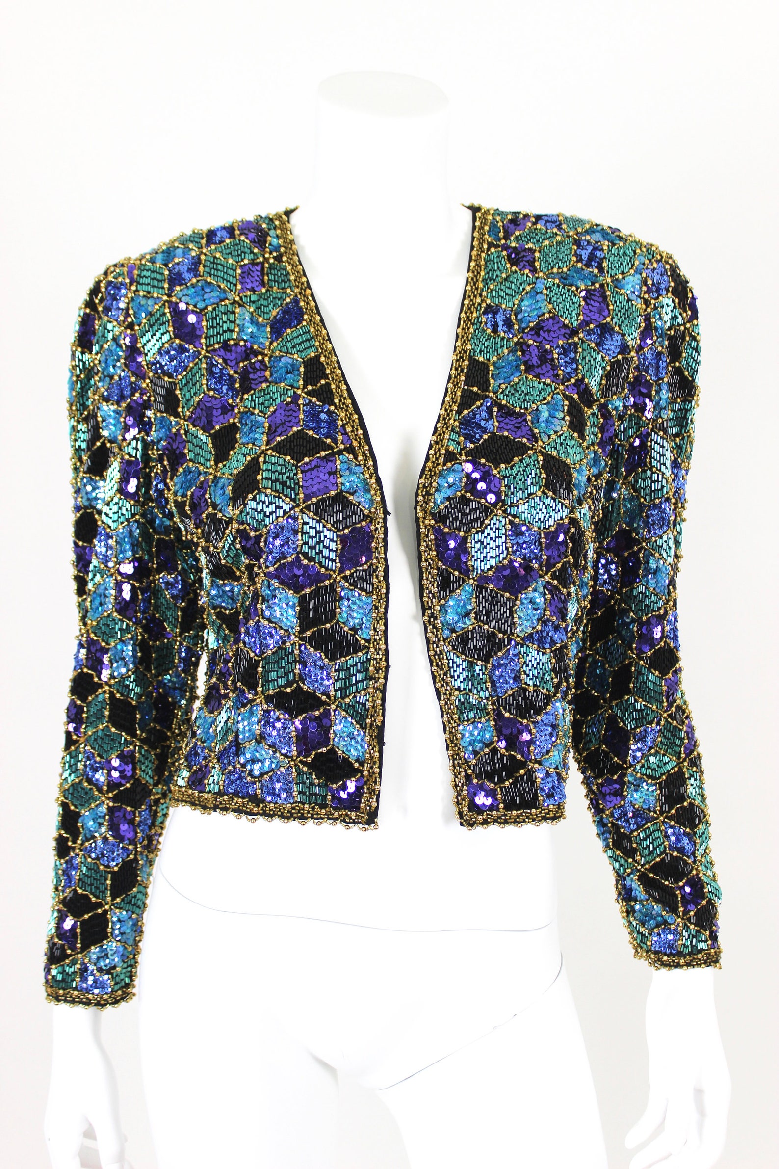 Vintage Sequin Jacket Crop Colorful Blue Purple Gold Size - Etsy
