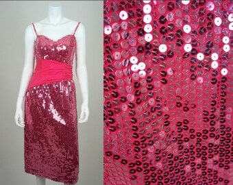 Vintage Sequin Dress Pink Alyce Designs Size 8 Knee Length Cocktail Gown Formal Party Spaghetti Strap