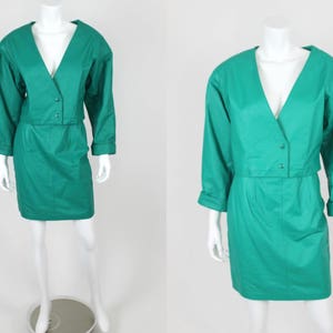 Vintage Genuine Leather Jacket Skirt Set Green Size Small 80s 90s Cropped Bolero Rinzi Collection