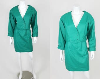 Vintage Genuine Leather Jacket Skirt Set Green Size Small 80s 90s Cropped Bolero Rinzi Collection