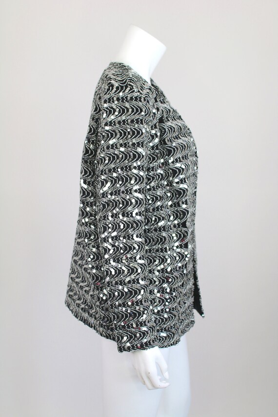 Vintage Sequin Jacket Blazer Black Silver Oversiz… - image 5