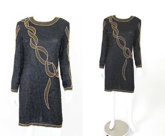 Vintage Sequin Dress Black Gold Long Sleeve Size … - image 1