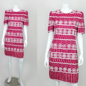 NWT Vintage Pink Sequin Dress White Silk Cocktail Size Medium Deadstock Short Fitted Party