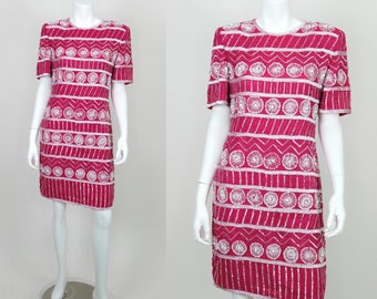 NWT Vintage Roze Pailletten Jurk Wit Zijde Cocktail Maat Medium Deadstock Korte Fitted Party