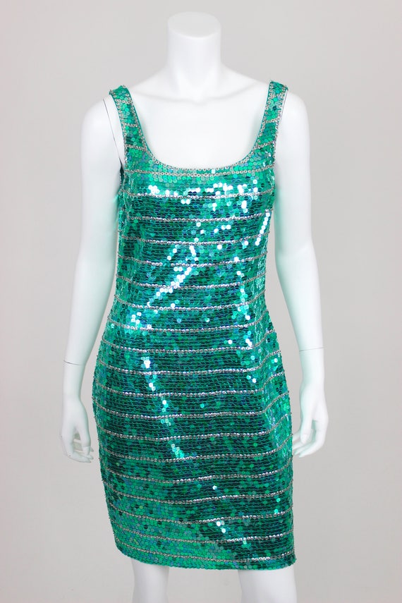 Vintage Sequin Dress Green Silver Size 12 Cocktai… - image 3