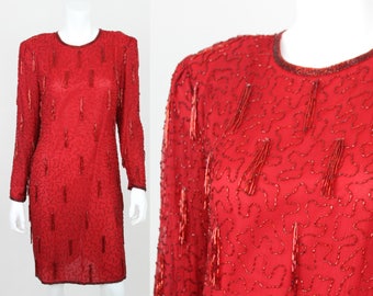 Vintage Sequin Dress Red Tassel Fringe Long Sleeve Scala Silk Party Fitted