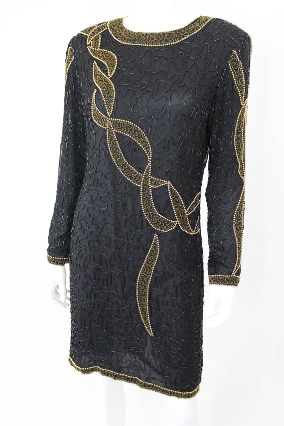 Vintage Sequin Dress Black Gold Long Sleeve Size … - image 5