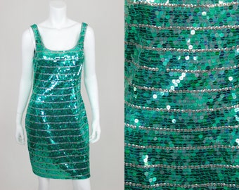 Vintage Sequin Dress Green Silver Size 12 Cocktail Short Sleeveless Party Siteline