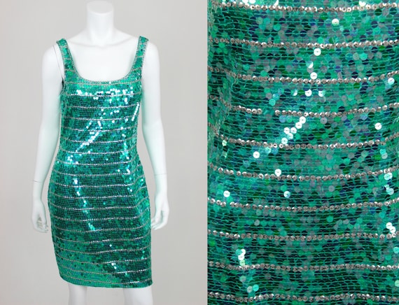 Vintage Sequin Dress Green Silver Size 12 Cocktai… - image 1