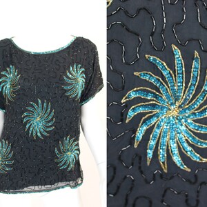 Sequin Top Black Small Vintage Silk Blue Gold Party