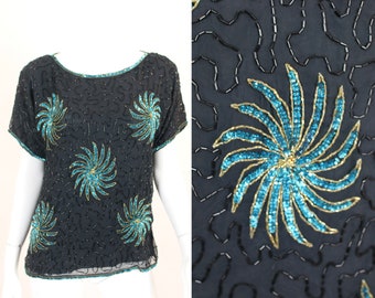 Sequin Top Black Small Vintage Silk Blue Gold Party