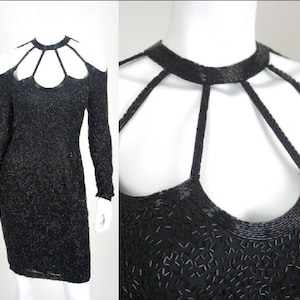 Vintage Sequin Dress Black Long Sleeve Short Party Cocktail Formal Evening Gown Open Backless Fitted
