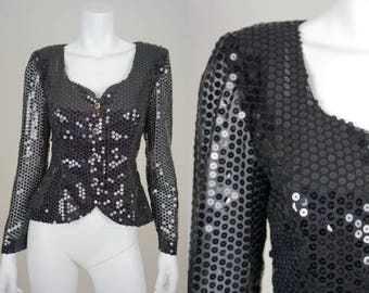 Vintage Sequin Jacket Black Blazer Beaded Size 6 Sheer Sleeve