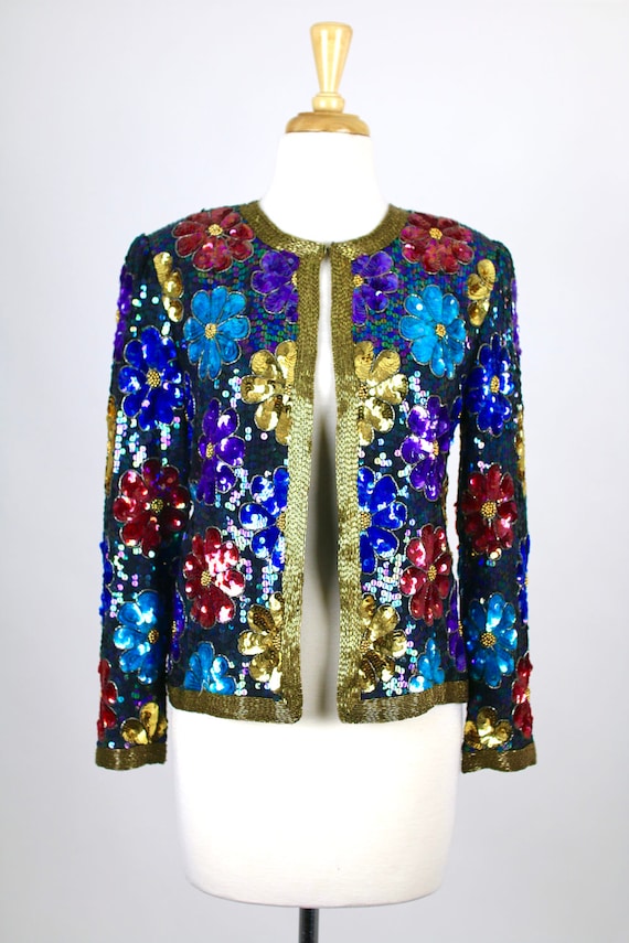 Vintage Sequin Jacket Floral Blue Colorful Retro - image 2