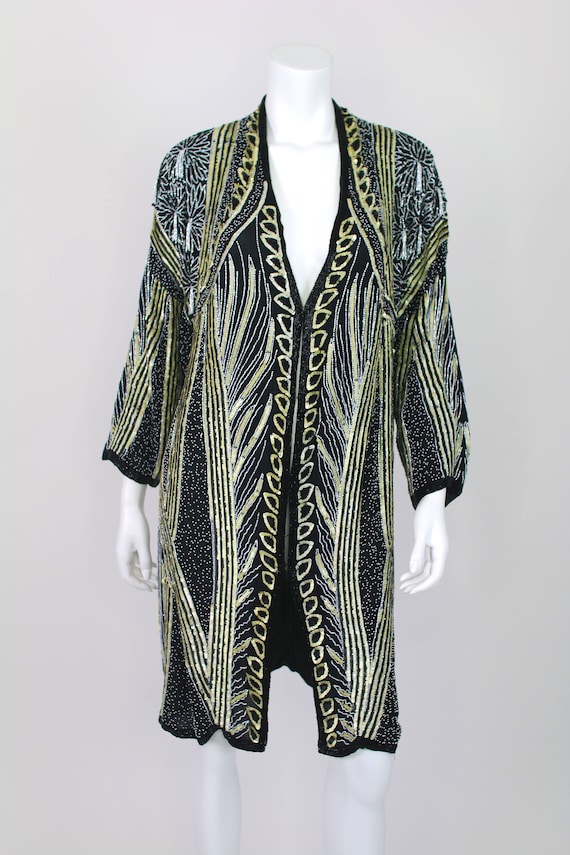 SALE Vintage Beaded Sequin 100% Silk Embellished Black Cardigan Top Jacket by Anjumun California