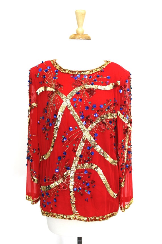 Sequin Blouse Red Silk 80s Vintage - image 2