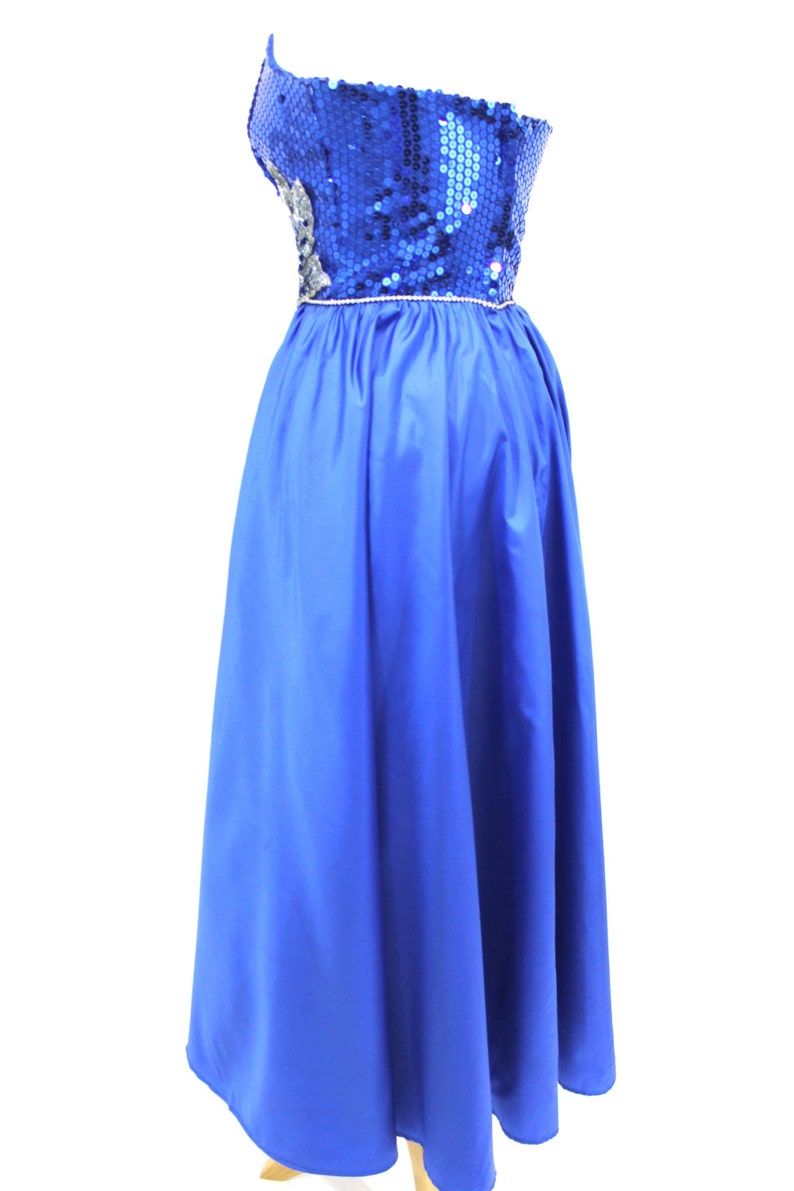 Vintage Sequin Dress Blue Ball Gown Formal Strapless Silver Prom Pageant Small image 5