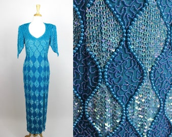 Vintage Sequin Dress Blue Beaded Gown Long Annabelle Heavy Mermaid Scale XL
