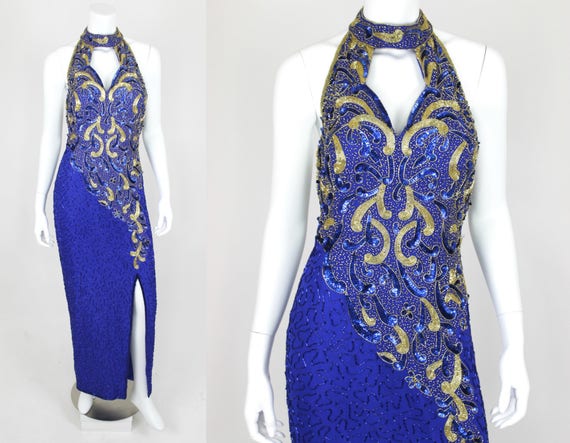 Vintage Sequin Dress Blue Gold Halter Backless Split Small 80s Prom Gown - Etsy Vintage Sequin Dress Blue Gold Halter Backless Split Small 80s Prom Gown - Etsy