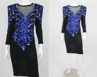 Vintage Sequin Dress Size 8 Black Blue Formal Holiday Sheer Party Gala Gown