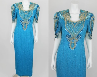 Vintage Sequin Dress Plus Size 16 Teal Blue Gold Evening Gown Formal Beaded Silk Long