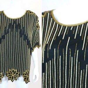 Blusa de lentejuelas vintage con cuentas Plus Size 3x Oro Floral Negro Blanco