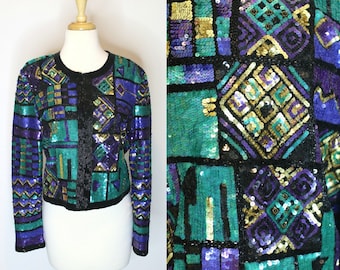 Sequined Jacket / Heavily Beaded Crop Blazer / Aztec Vintage