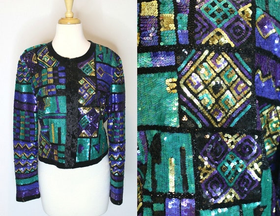 Sequined Jacket / Heavily Beaded Crop Blazer / Az… - image 1