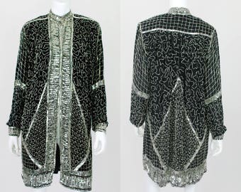 Vintage Sequin Jacket Long Kaftan Kimono Black Silver Silk Small Open Beaded Trophy