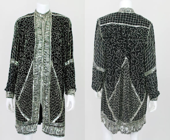 Vintage Sequin Jacket Long Kaftan Kimono Black Sil