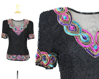 Vintage Sequin Blouse Stenay Size Small Colorful Top Beaded