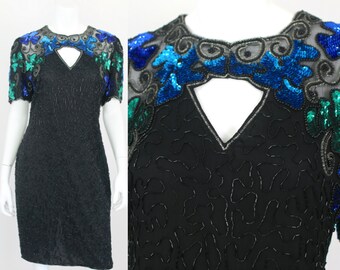 VTG Sequin Dress Fitted Black Medium Silk Party Formal Blue Green