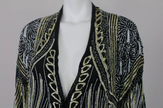 Heavy Beaded Jacket Vintage Sequin Tassel Long He… - image 3